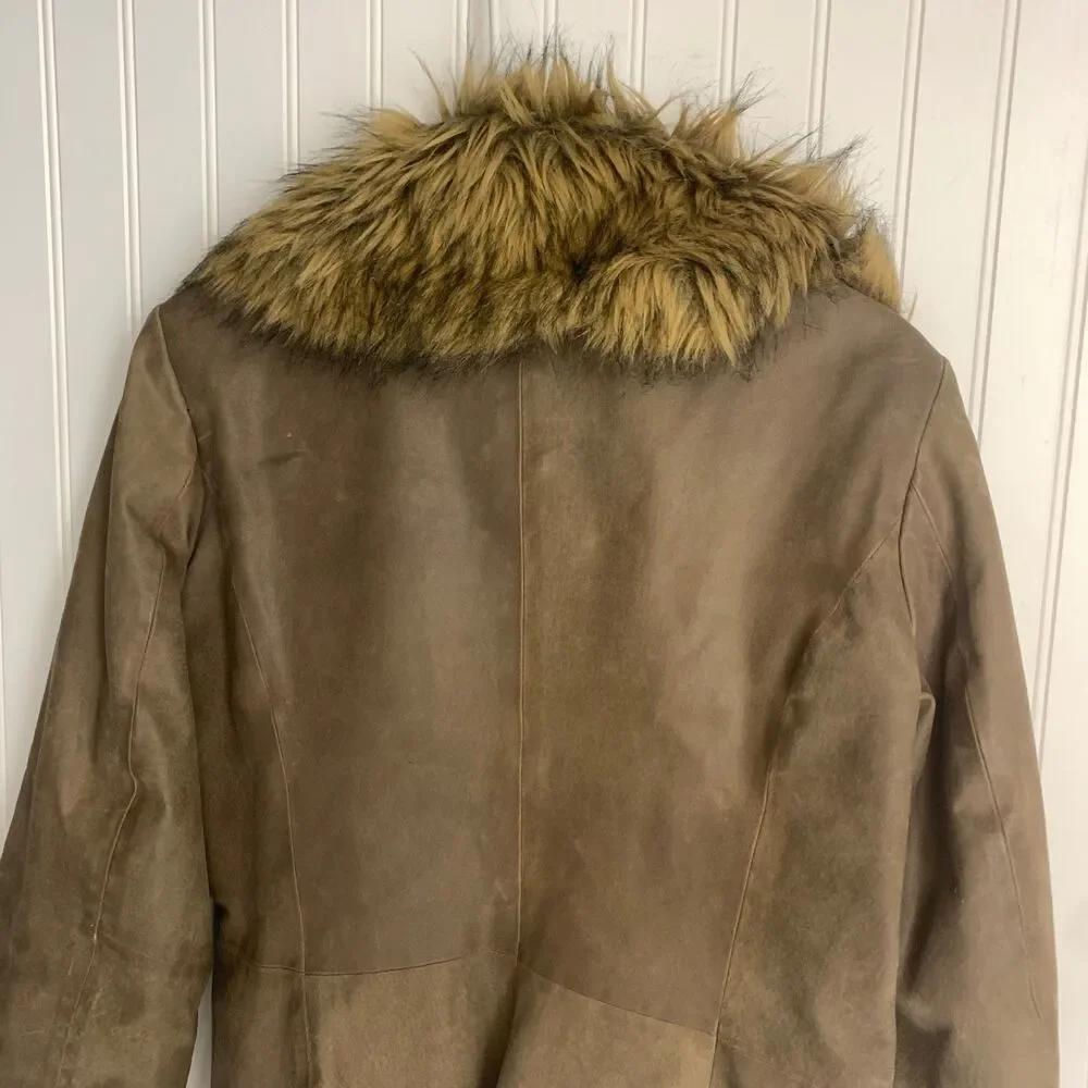Vintage Newport News Leather Coat Womens M Brown Faux Fur Trim Y2K Boho - Picture 11 of 14